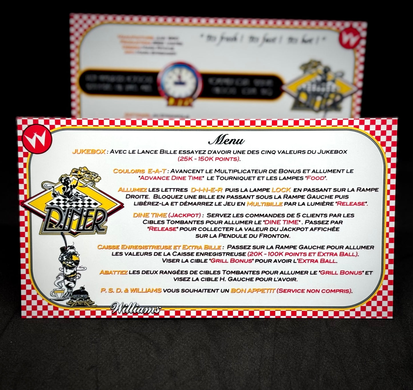 Instrucciones de las tarjetas del juego Williams Diner 1990, delantal personalizado de pinball, reglas impresas V2