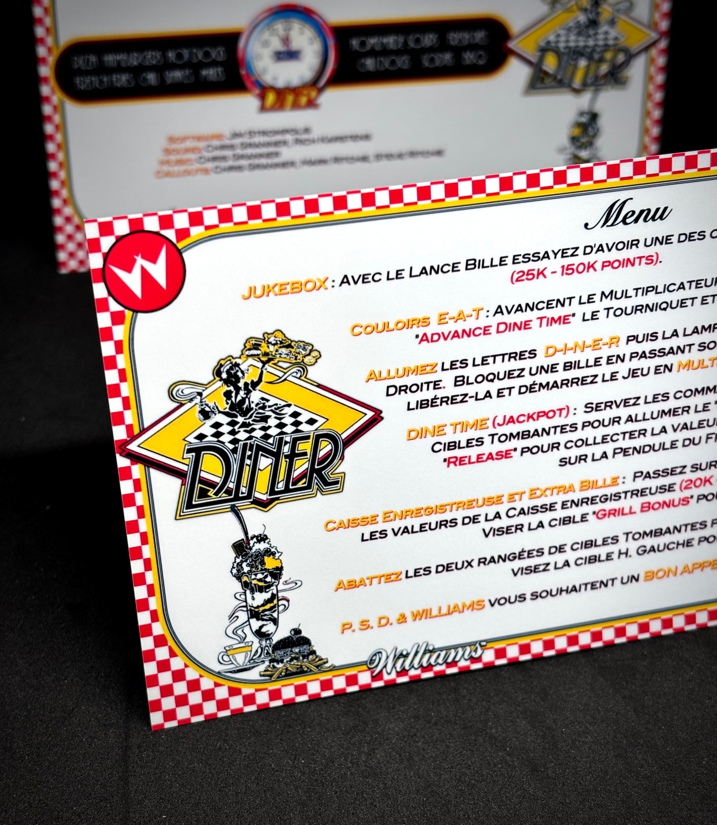 Instrucciones de las tarjetas del juego Williams Diner 1990, delantal personalizado de pinball, reglas impresas V2