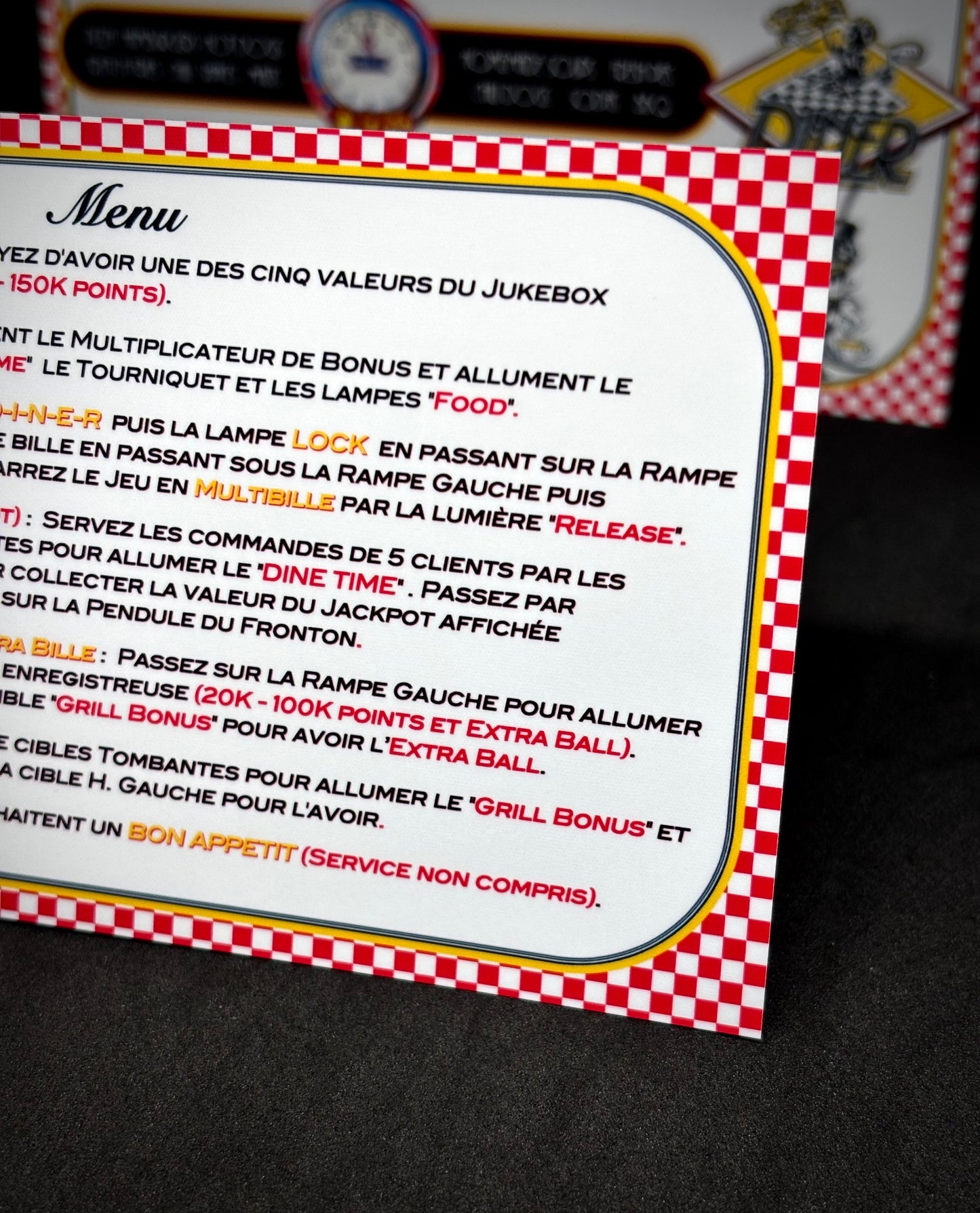 Instrucciones de las tarjetas del juego Williams Diner 1990, delantal personalizado de pinball, reglas impresas V2