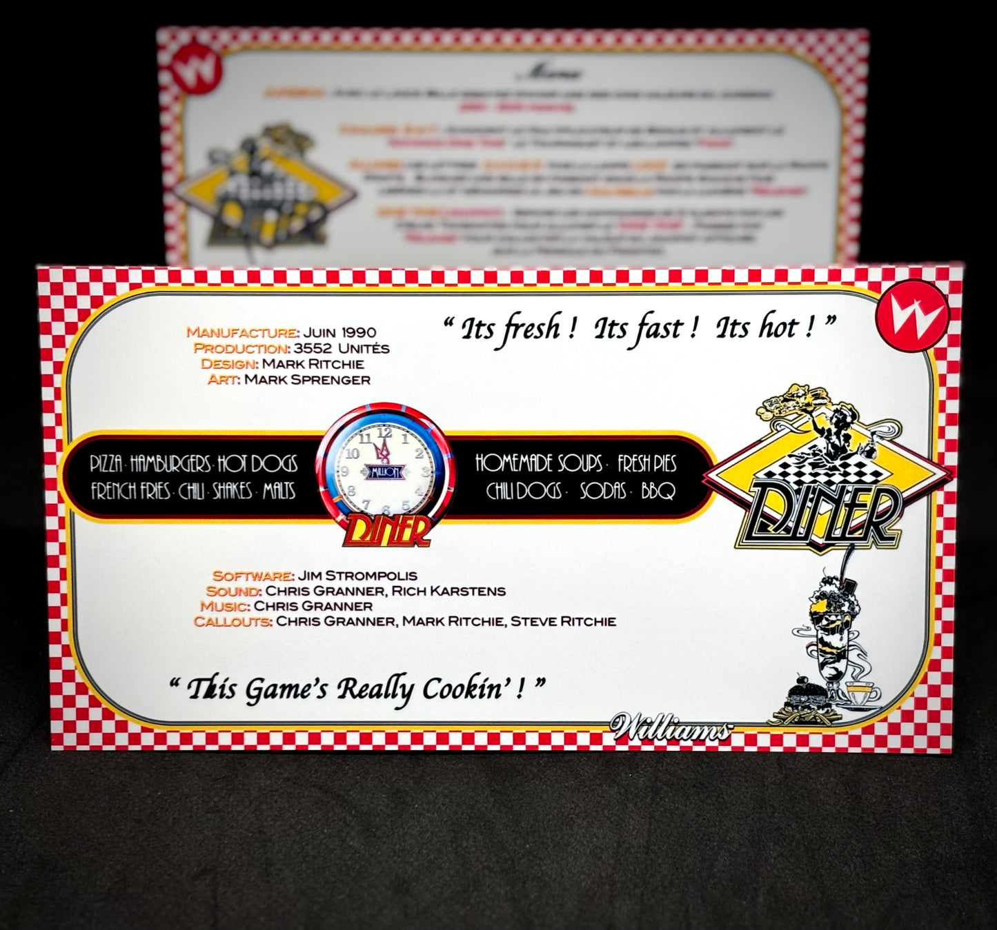 Instrucciones de las tarjetas del juego Williams Diner 1990, delantal personalizado de pinball, reglas impresas V2