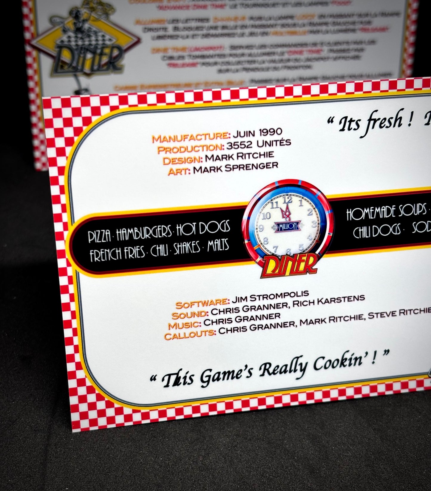 Instrucciones de las tarjetas del juego Williams Diner 1990, delantal personalizado de pinball, reglas impresas V2