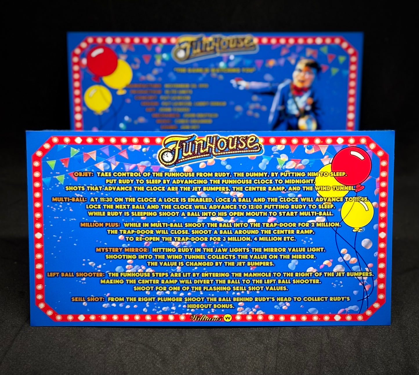Williams Funhouse 1990 Game Cards Instructions Pinball Custom Apron Printed Rules V1