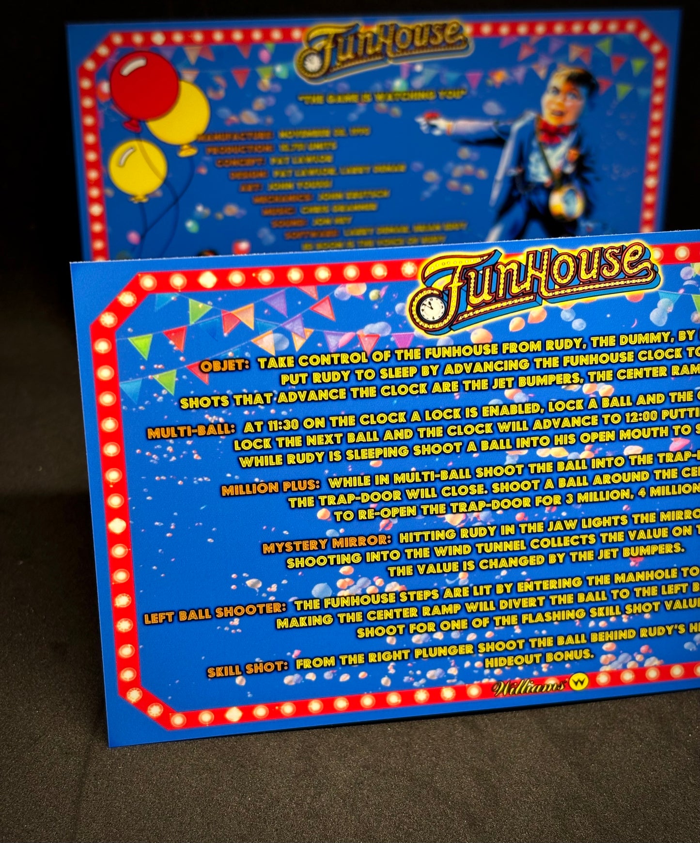 Williams Funhouse 1990 Game Cards Instructions Pinball Custom Apron Printed Rules V1
