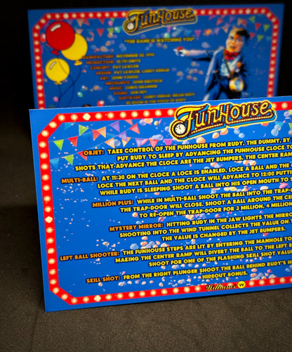 Instrucciones de las tarjetas del juego Williams Funhouse 1990, delantal personalizado de pinball, reglas impresas V1