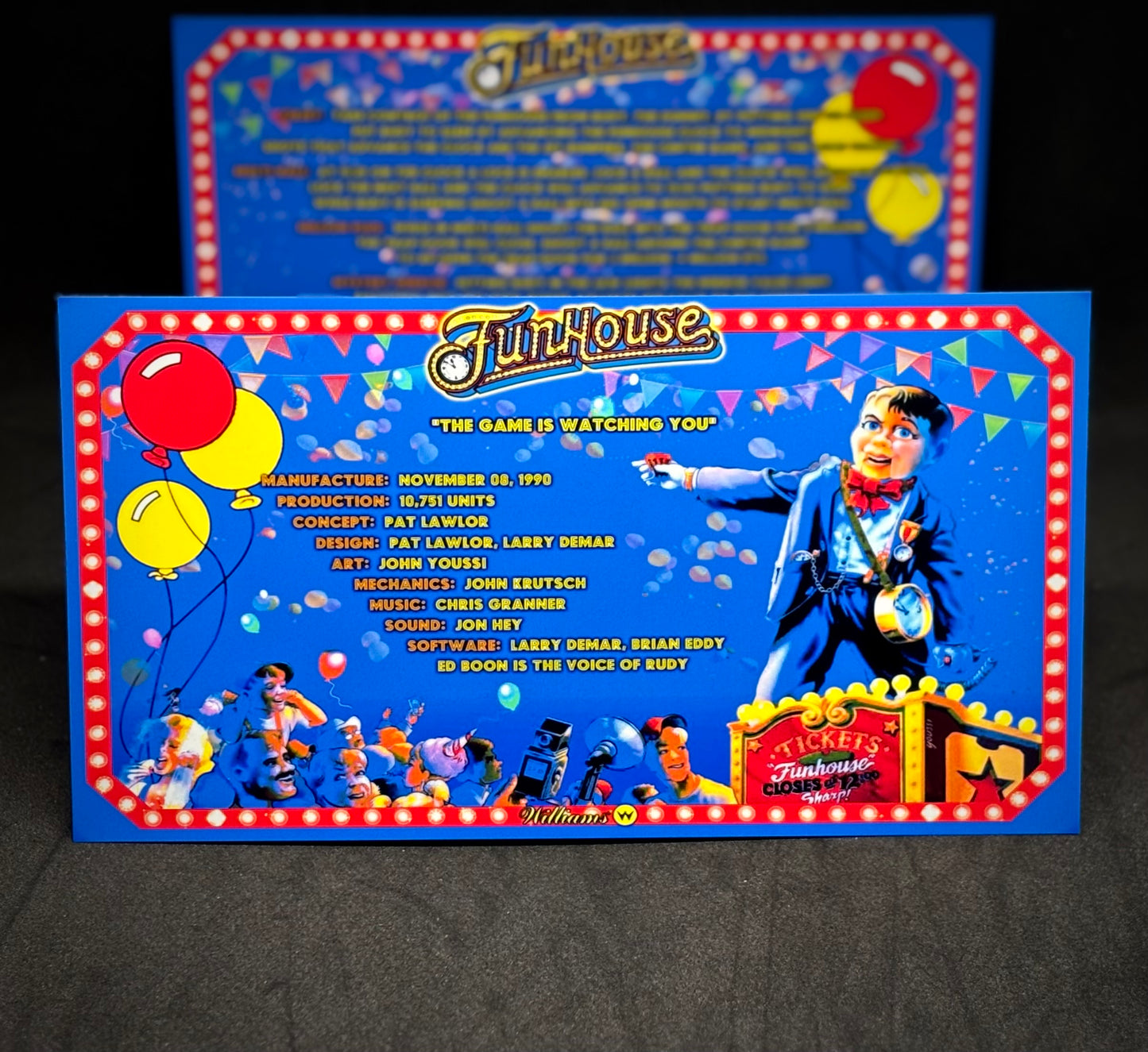 Williams Funhouse 1990 Game Cards Instructions Pinball Custom Apron Printed Rules V1
