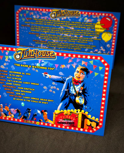 Instrucciones de las tarjetas del juego Williams Funhouse 1990, delantal personalizado de pinball, reglas impresas V1