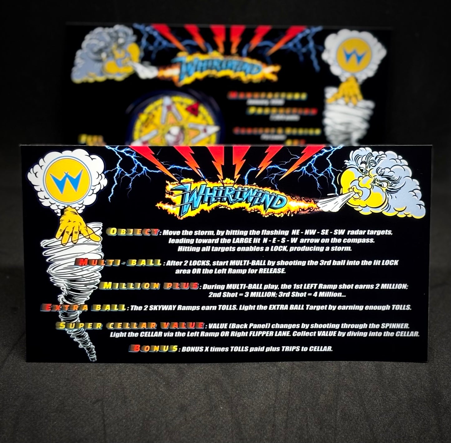 Instrucciones de las tarjetas del juego Williams Whirlwind 1990, máquina de pinball, delantal personalizado, reglas impresas BK