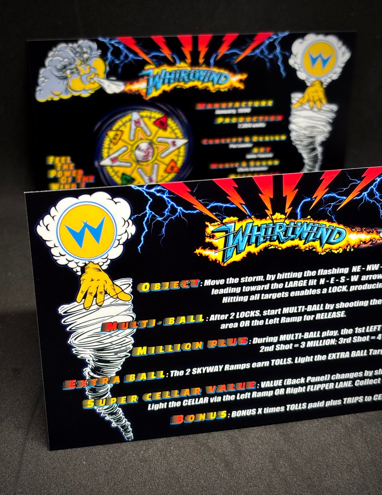 Instrucciones de las tarjetas del juego Williams Whirlwind 1990, máquina de pinball, delantal personalizado, reglas impresas BK