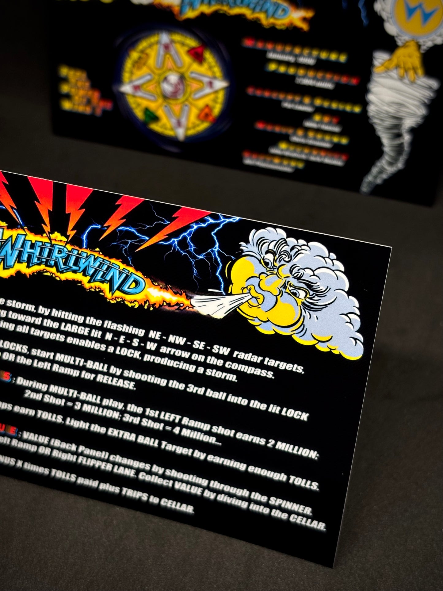 Instrucciones de las tarjetas del juego Williams Whirlwind 1990, máquina de pinball, delantal personalizado, reglas impresas BK