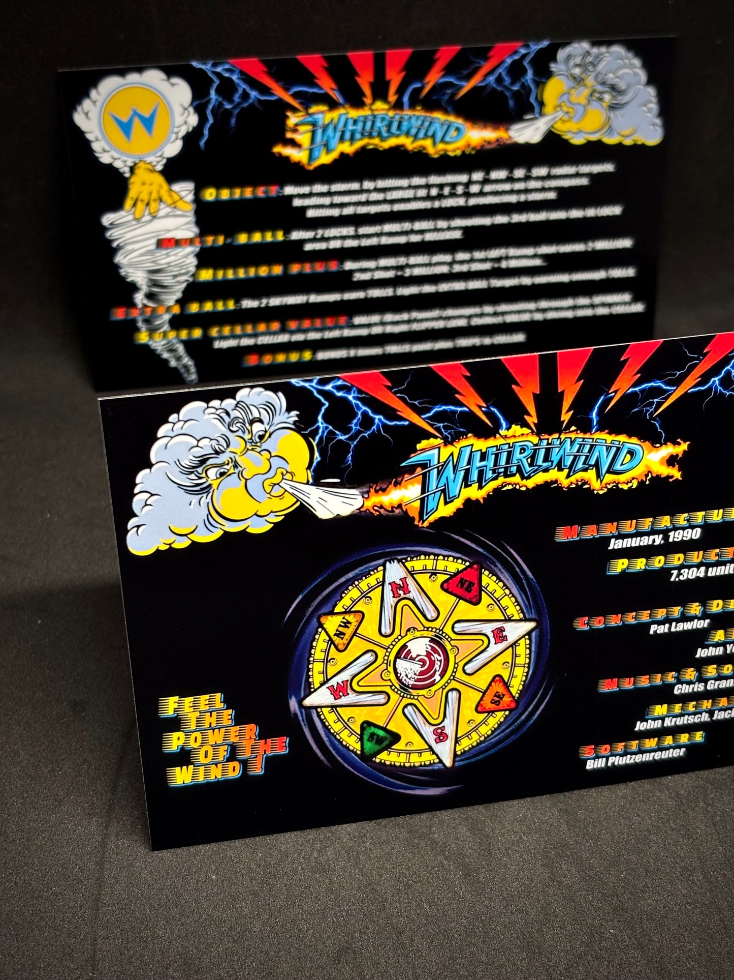 Instrucciones de las tarjetas del juego Williams Whirlwind 1990, máquina de pinball, delantal personalizado, reglas impresas BK