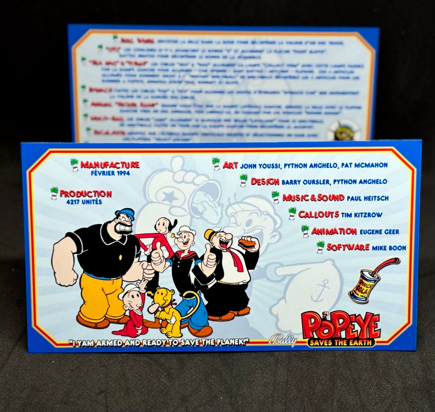 Instrucciones de las tarjetas del juego Bally Popeye 1994, delantal personalizado de pinball, reglas impresas