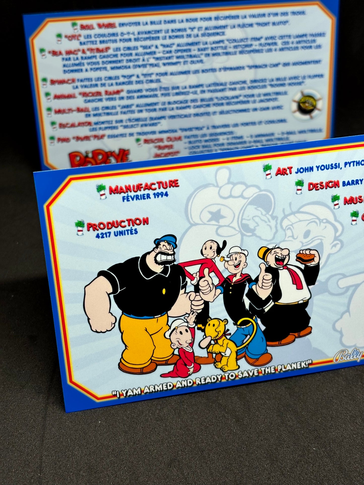 Instrucciones de las tarjetas del juego Bally Popeye 1994, delantal personalizado de pinball, reglas impresas