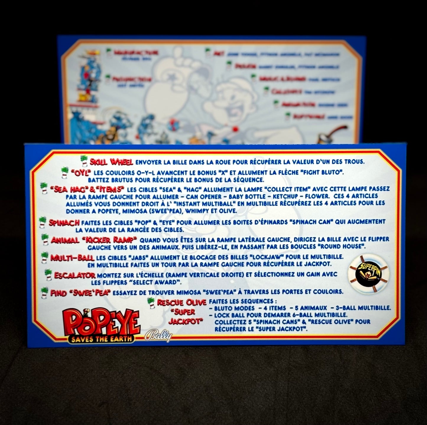 Instrucciones de las tarjetas del juego Bally Popeye 1994, delantal personalizado de pinball, reglas impresas