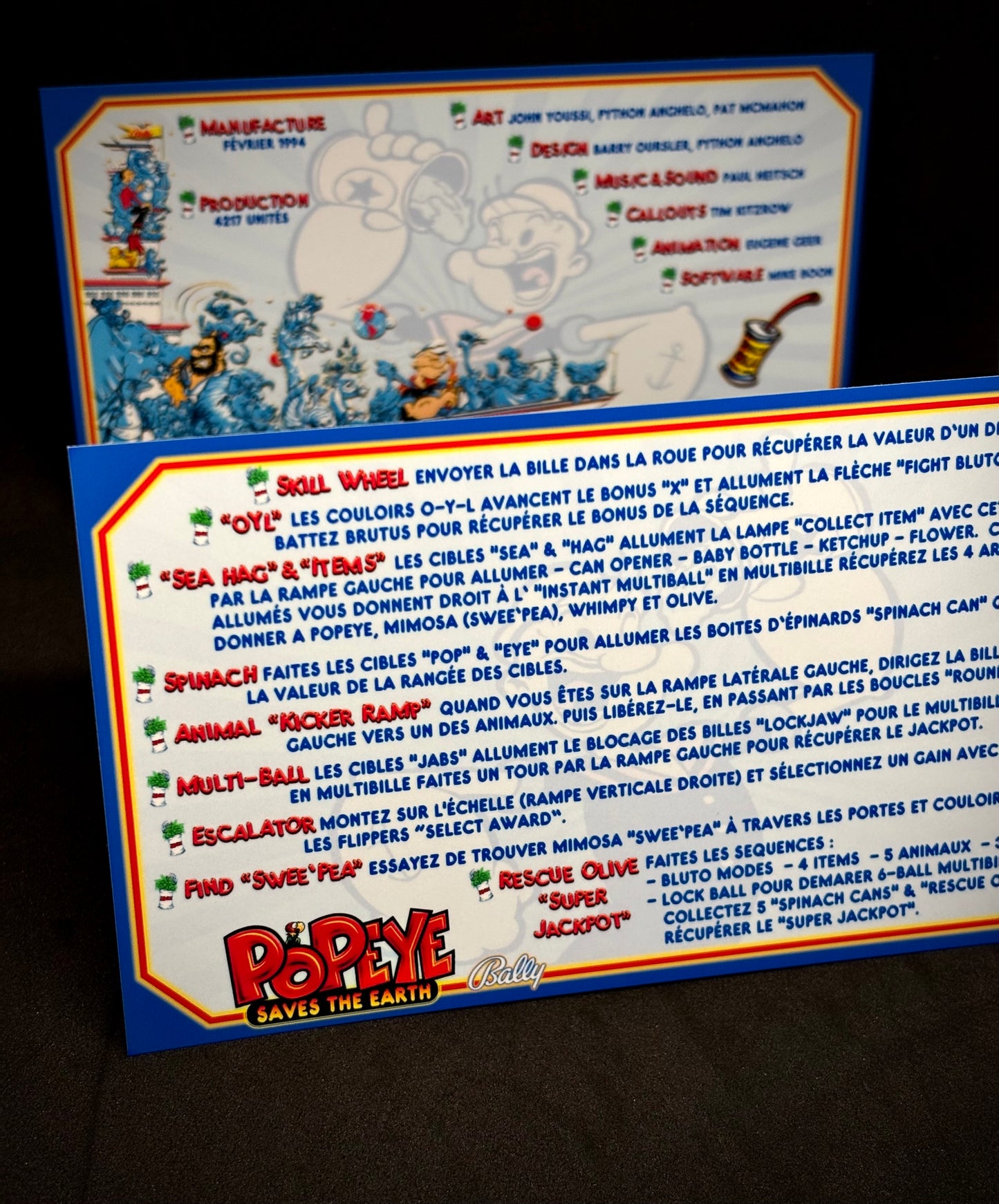 Instrucciones de las tarjetas del juego Bally Popeye 1994, delantal personalizado de pinball, reglas impresas
