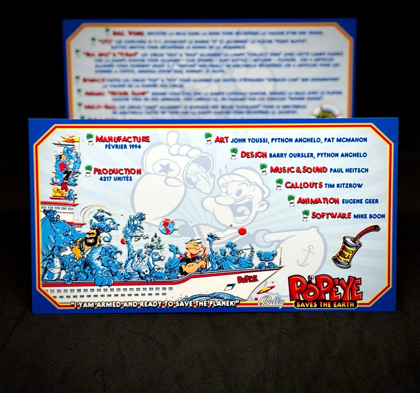 Instrucciones de las tarjetas del juego Bally Popeye 1994, delantal personalizado de pinball, reglas impresas