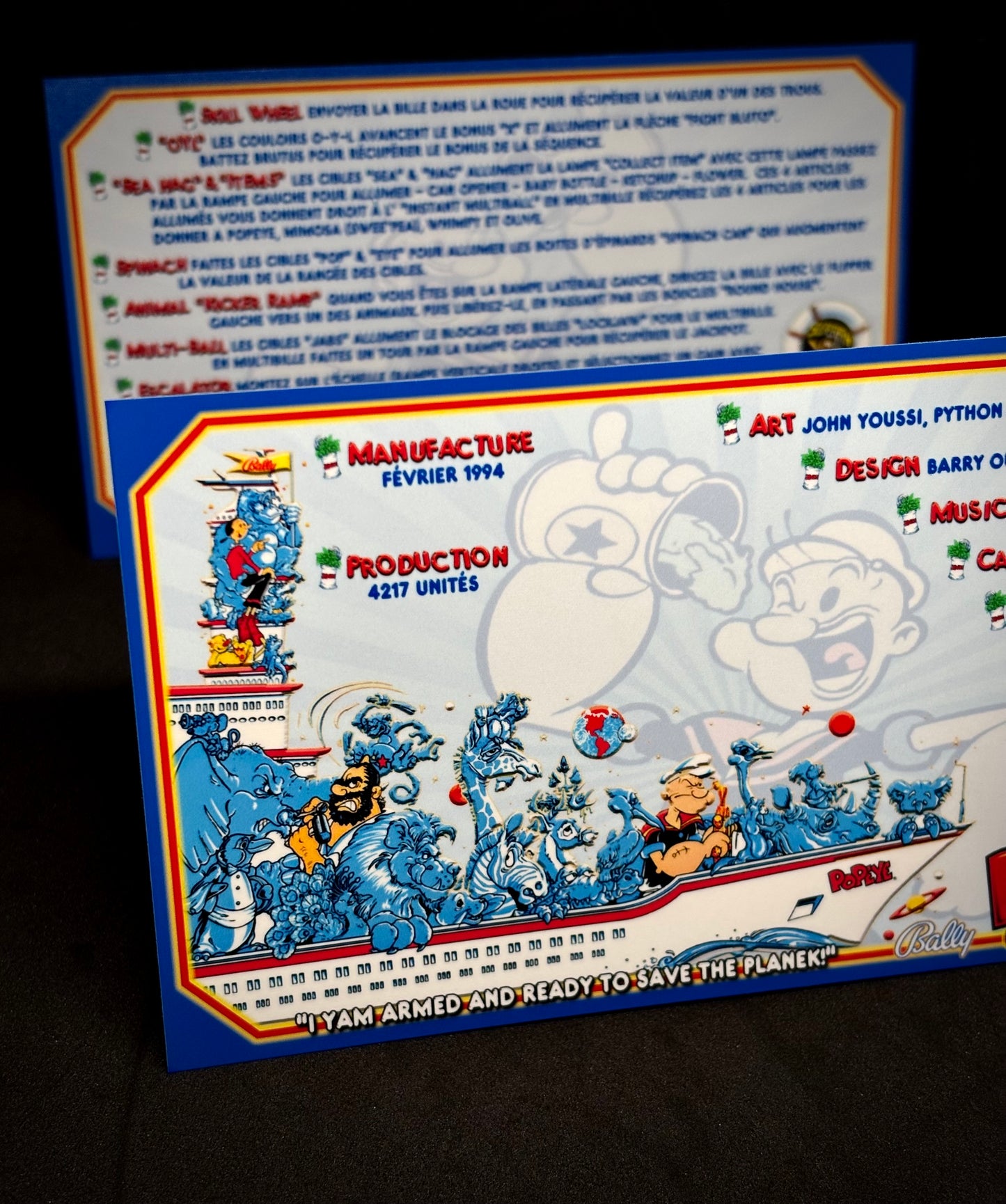 Instrucciones de las tarjetas del juego Bally Popeye 1994, delantal personalizado de pinball, reglas impresas