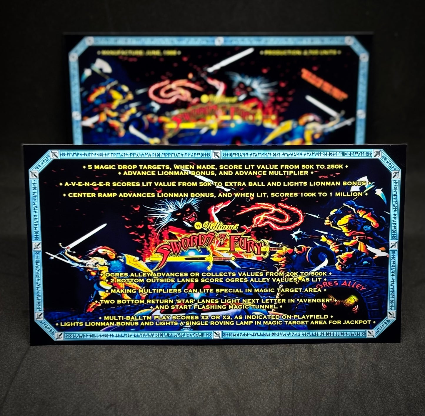 Williams Swords Of Fury 1988 Game Cards Instructions Pinball Custom Apron Printed Rules V2
