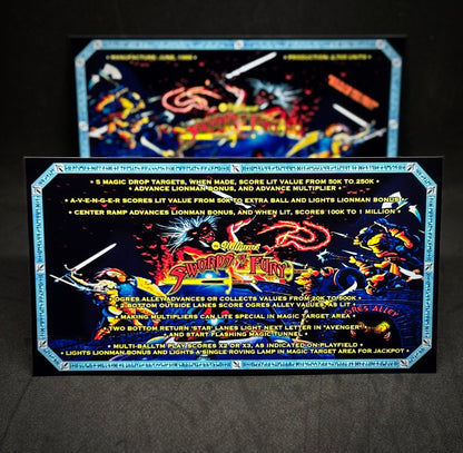 Williams Swords Of Fury 1988 Game Cards Rules Instructions Pinball Custom Apron V2