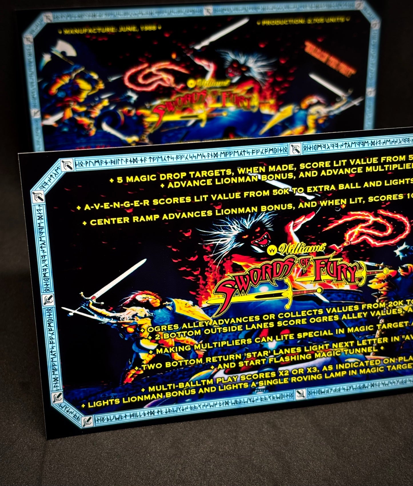 Williams Swords Of Fury 1988 Game Cards Instructions Pinball Custom Apron Printed Rules V2