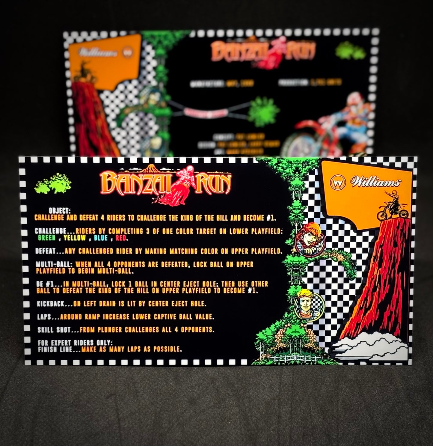 Williams Banzai Run 1988 Jeu Cartes Instructions Flipper Custom Apron règles imprimées