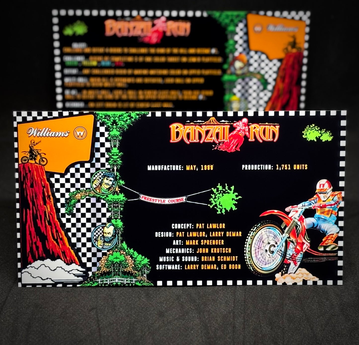 Williams Banzai Run 1988 Jeu Cartes Instructions Flipper Custom Apron règles imprimées