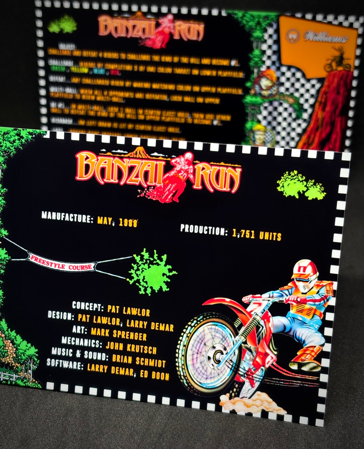 Williams Banzai Run 1988 Jeu Cartes Instructions Flipper Custom Apron règles imprimées