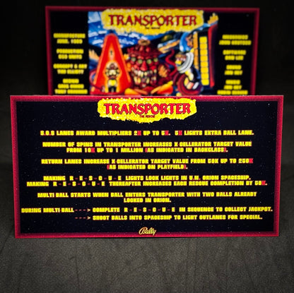 Instrucciones de las tarjetas del juego Bally Transporter The Rescue 1989, delantal personalizado de pinball, reglas impresas