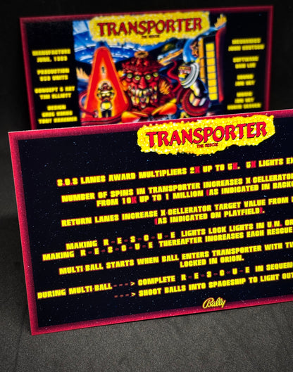 Instrucciones de las tarjetas del juego Bally Transporter The Rescue 1989, delantal personalizado de pinball, reglas impresas