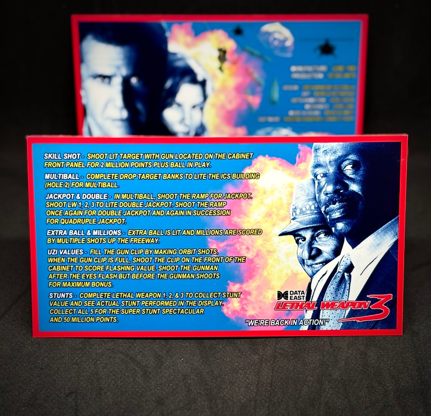 Data East Lethal Weapon 1992 Jeu Cartes Instructions Flipper Custom Apron règles imprimées V1