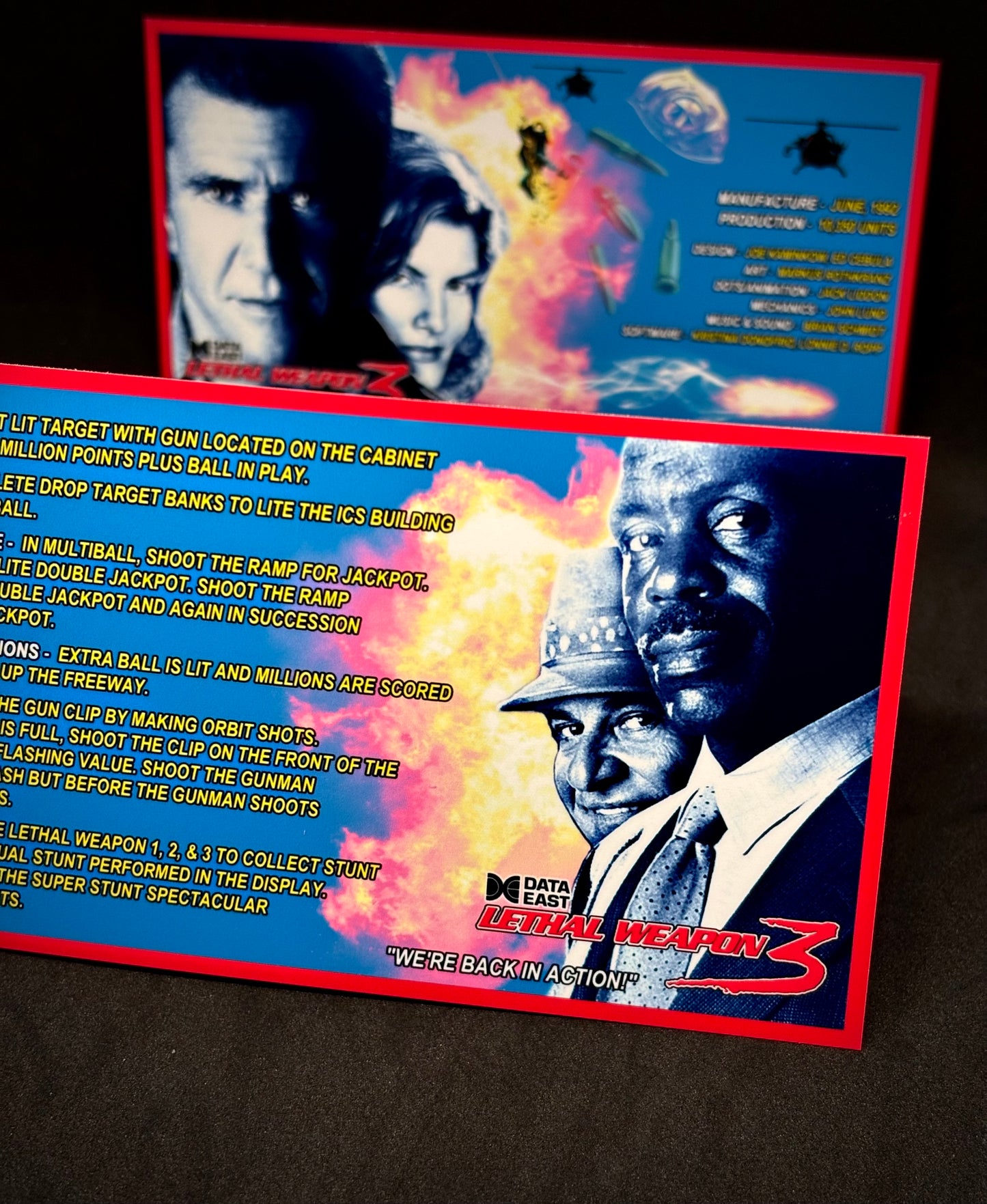 Data East Lethal Weapon 1992 Jeu Cartes Instructions Flipper Custom Apron règles imprimées V1