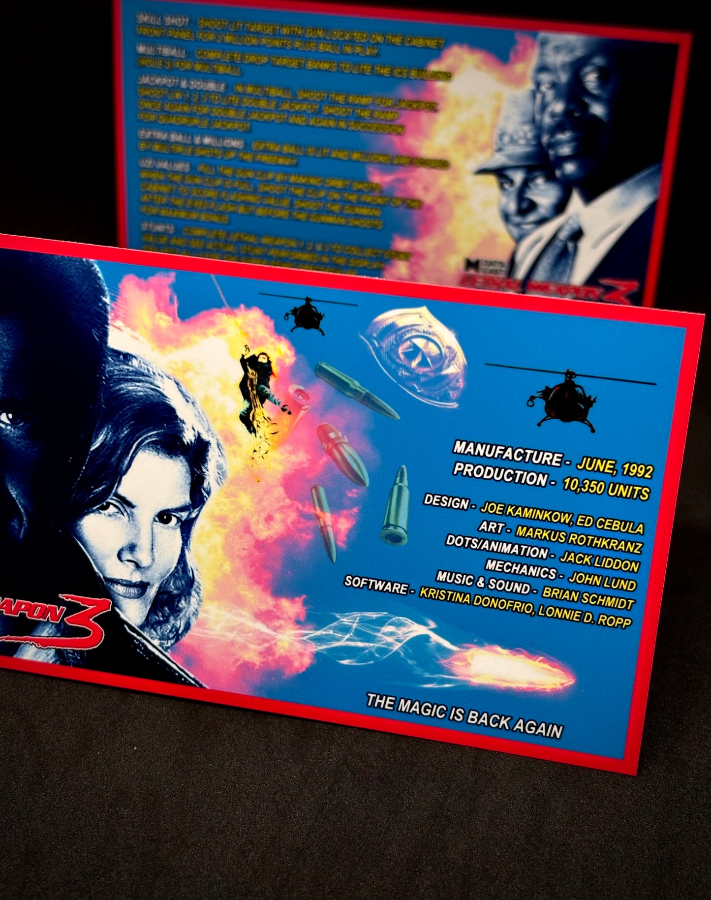 Data East Lethal Weapon 1992 Jeu Cartes Instructions Flipper Custom Apron règles imprimées V1