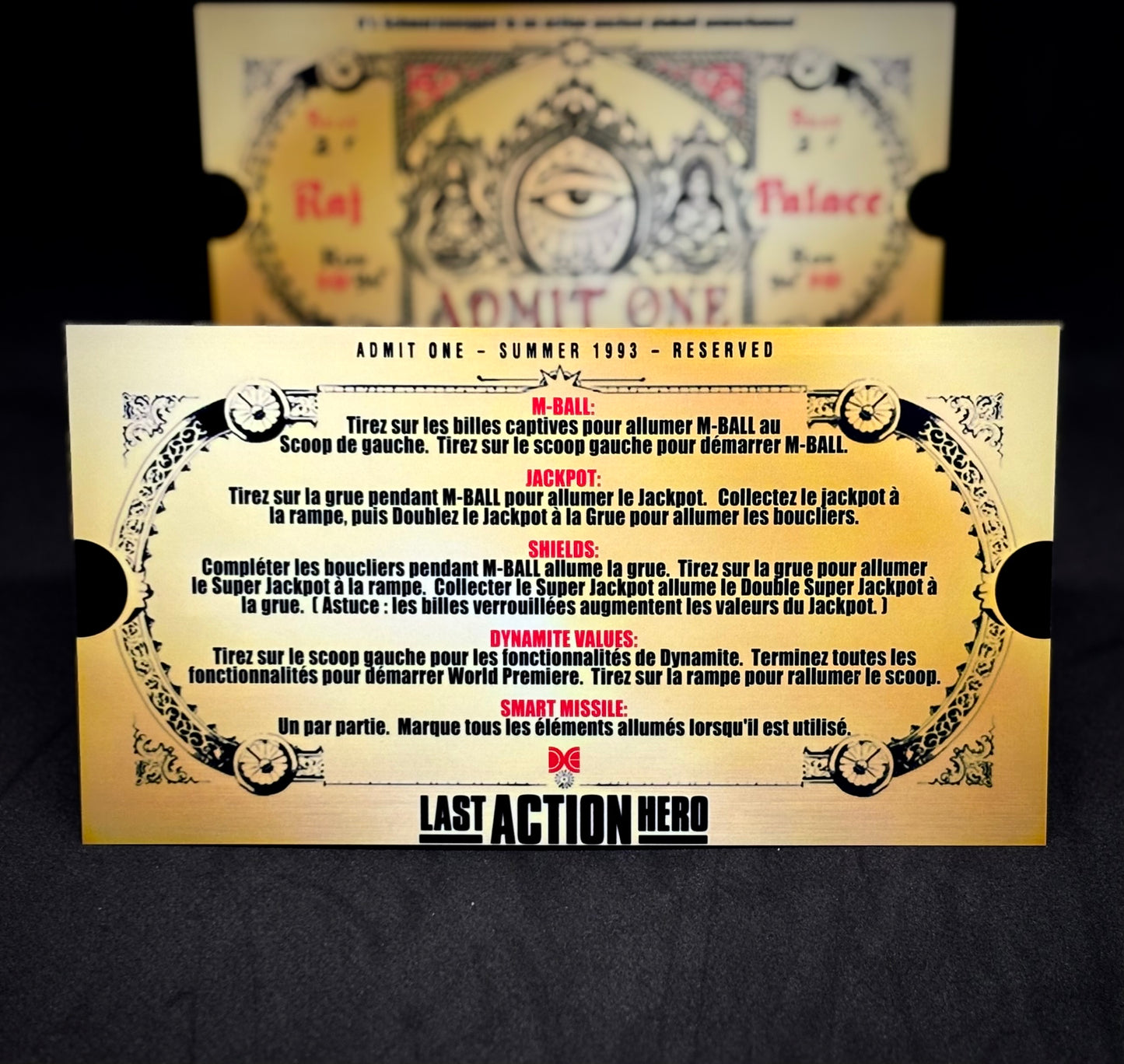 Instrucciones de las tarjetas del juego Data East Last Action Hero 1993 Pinball Versión 1 Golden Ticket - Tarjetas de pinball personalizadas con impresión personalizada