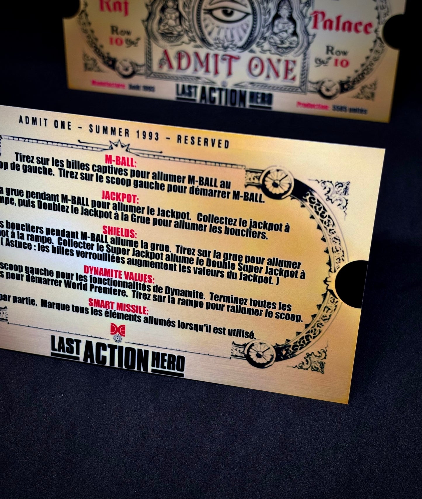 Instrucciones de las tarjetas del juego Data East Last Action Hero 1993 Pinball Versión 1 Golden Ticket - Tarjetas de pinball personalizadas con impresión personalizada