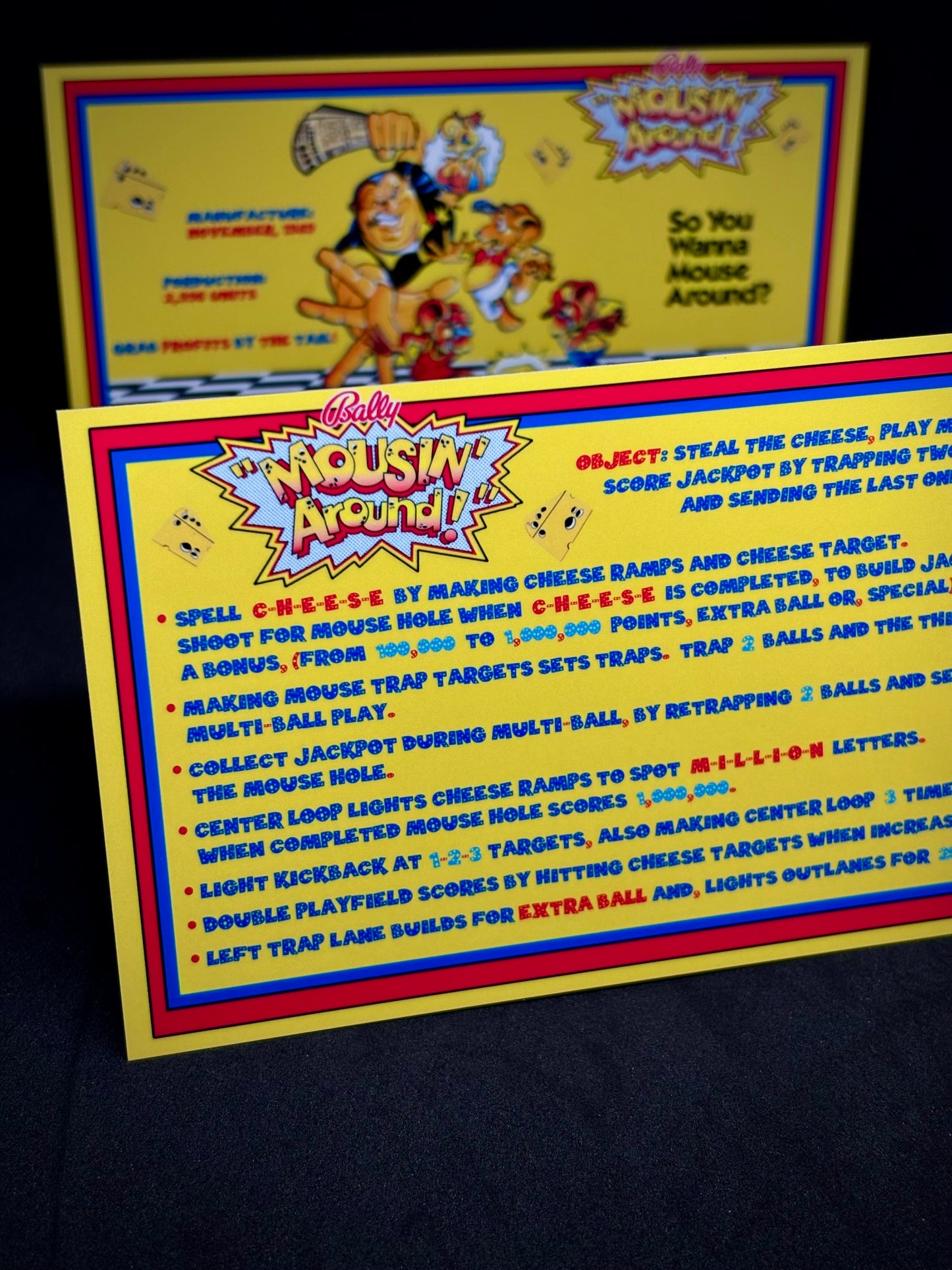 Instrucciones de tarjetas de juego Bally Mousin Around 1989, reglas impresas de delantal personalizado de pinball