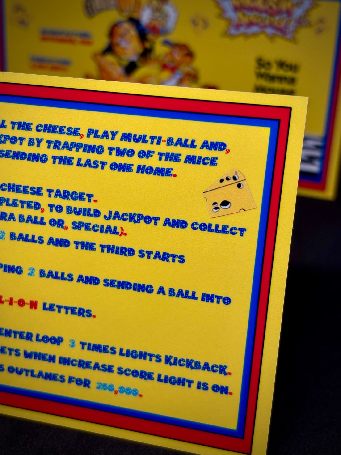 Instrucciones de tarjetas de juego Bally Mousin Around 1989, reglas impresas de delantal personalizado de pinball