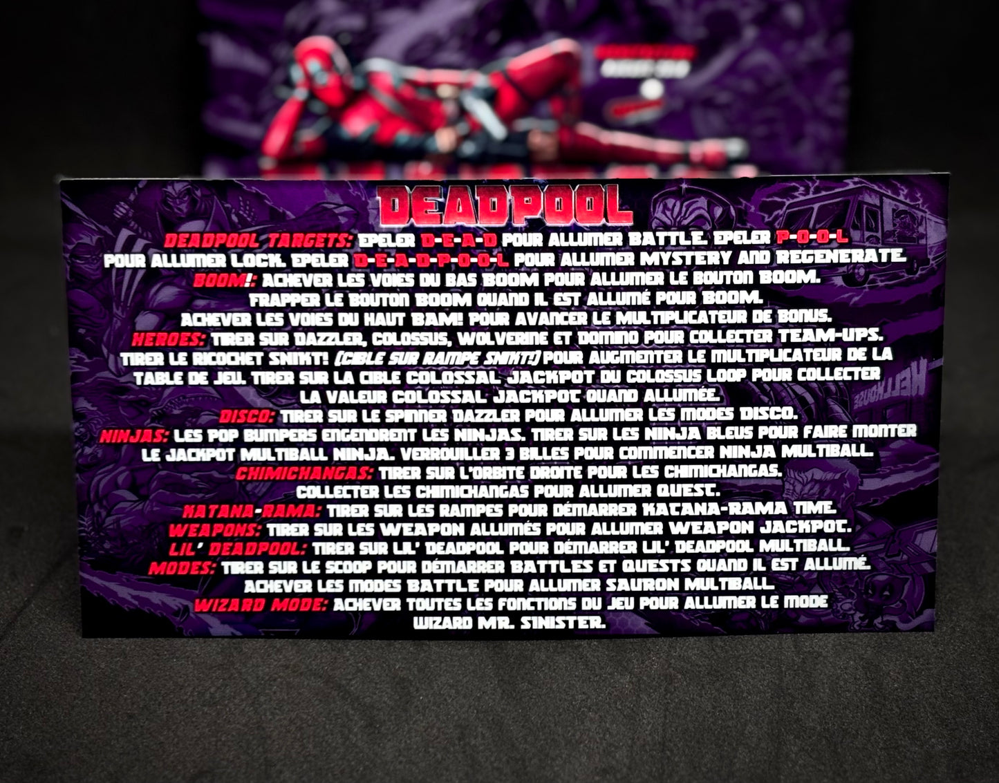 Instrucciones de las tarjetas del juego Stern Deadpool 2018, tarjetas de pinball personalizadas con impresión de delantal