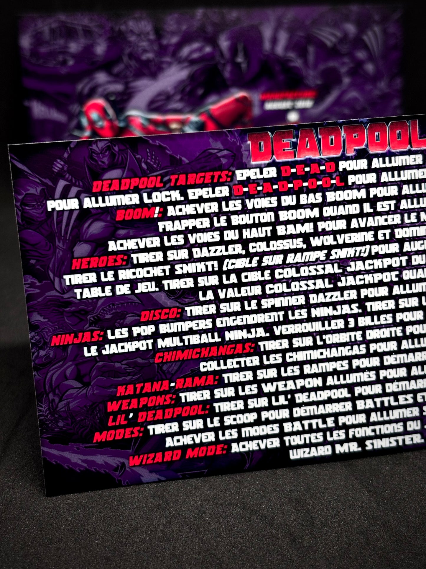 Instrucciones de las tarjetas del juego Stern Deadpool 2018, tarjetas de pinball personalizadas con impresión de delantal