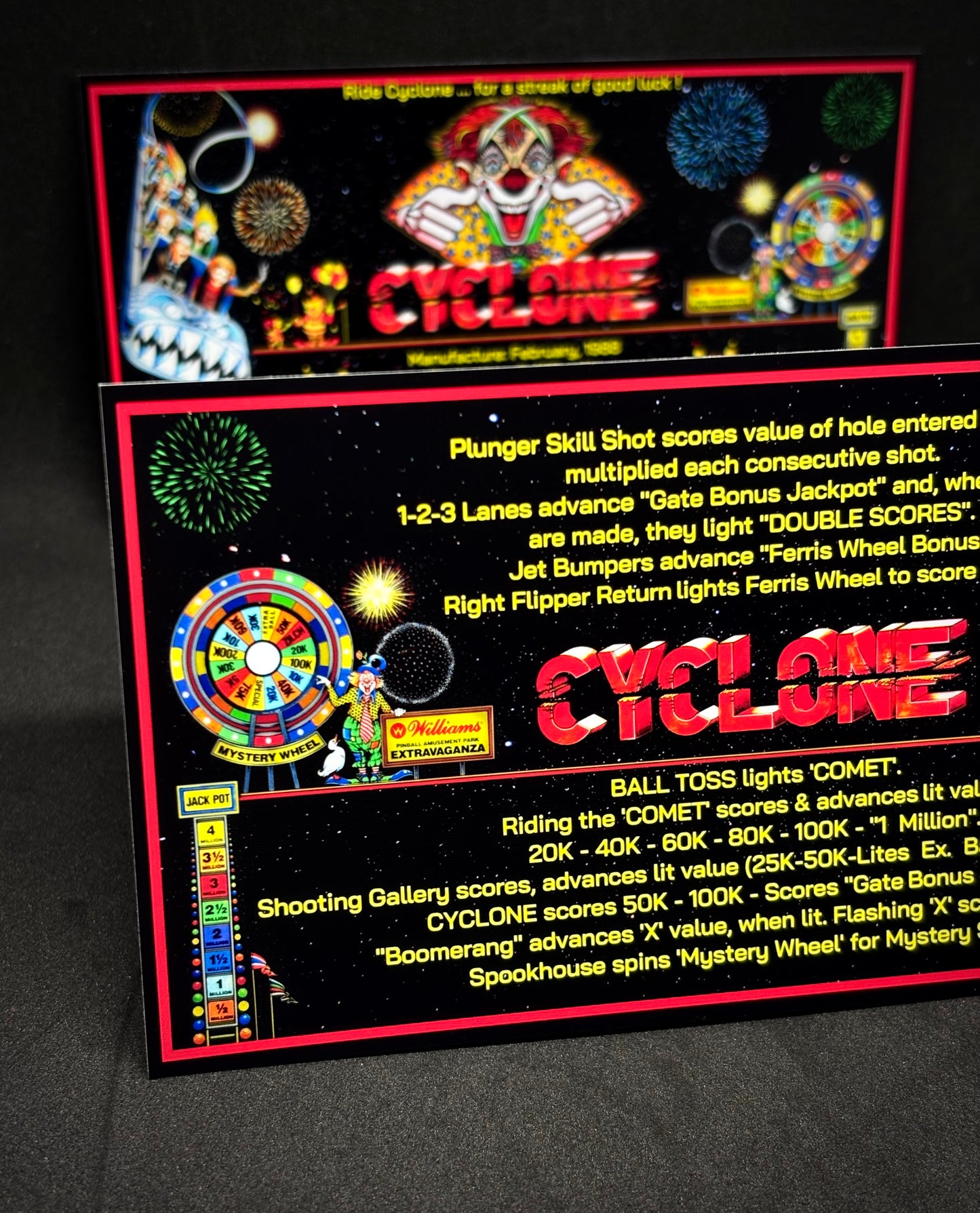 Instrucciones de las tarjetas del juego Williams Cyclone 1988, delantal personalizado de pinball, reglas impresas