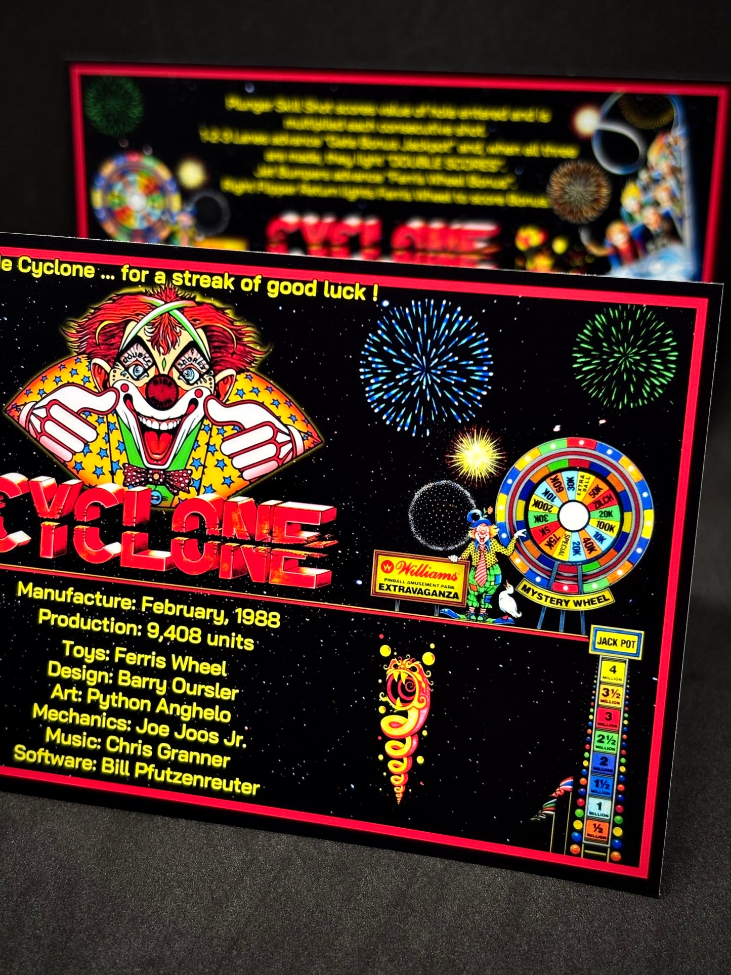 Instrucciones de las tarjetas del juego Williams Cyclone 1988, delantal personalizado de pinball, reglas impresas