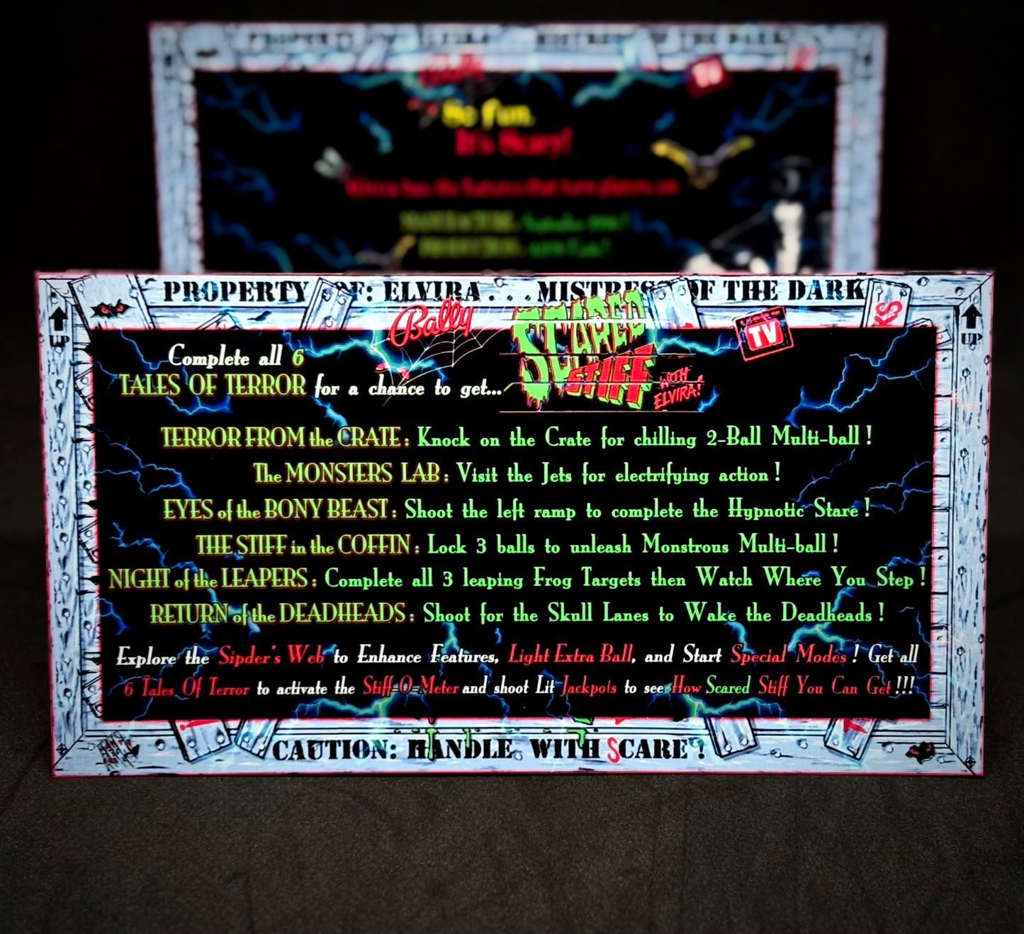 Instrucciones de las tarjetas del juego Bally Elvira Scared Stiff 1996, delantal personalizado de pinball, reglas impresas V1