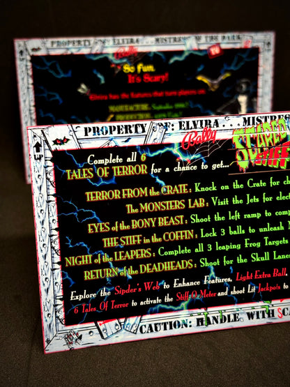 Bally Elvira Scared Stiff 1996 Game Cards Instructions Pinball Custom Apron Printed Rules V1