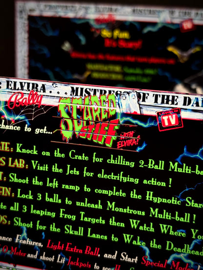 Bally Elvira Scared Stiff 1996 Game Cards Instructions Pinball Custom Apron Printed Rules V1
