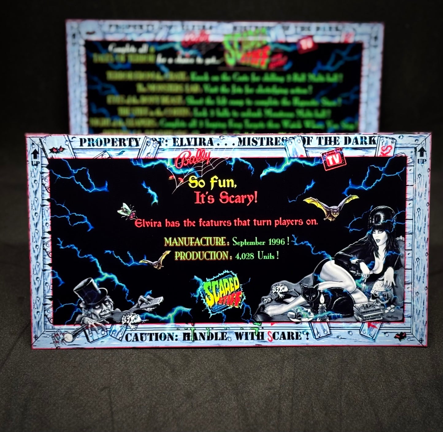 Instrucciones de las tarjetas del juego Bally Elvira Scared Stiff 1996, delantal personalizado de pinball, reglas impresas V1