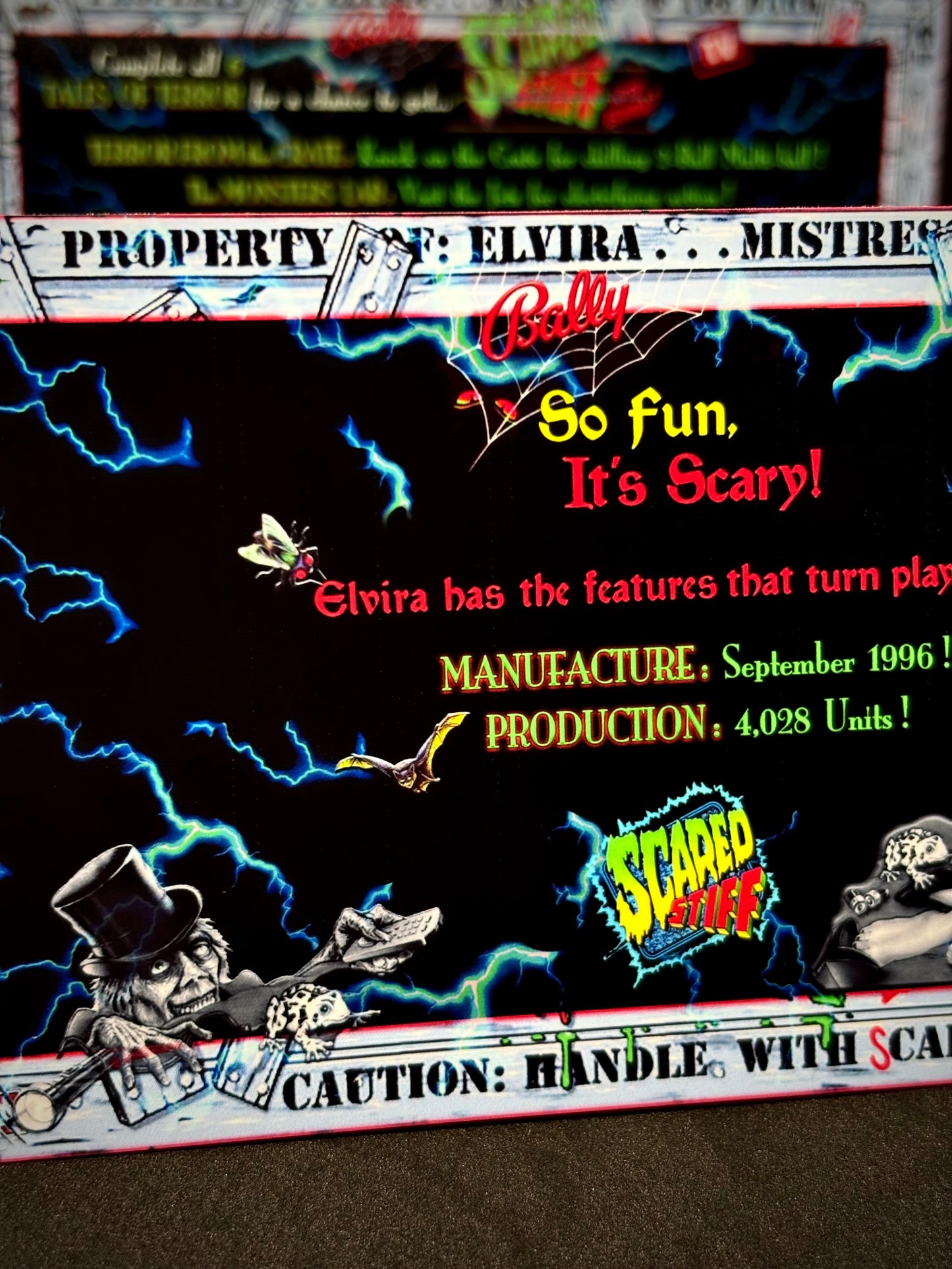 Instrucciones de las tarjetas del juego Bally Elvira Scared Stiff 1996, delantal personalizado de pinball, reglas impresas V1