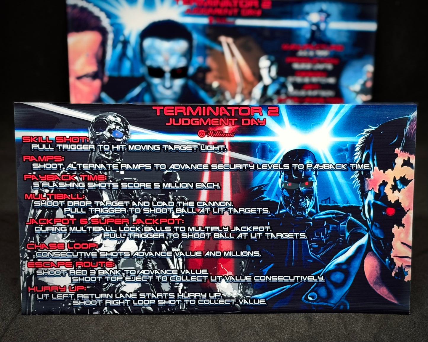 Williams T2 Terminator 2 1991 Jeu Cartes Instructions Flipper Custom Apron règles imprimées V1
