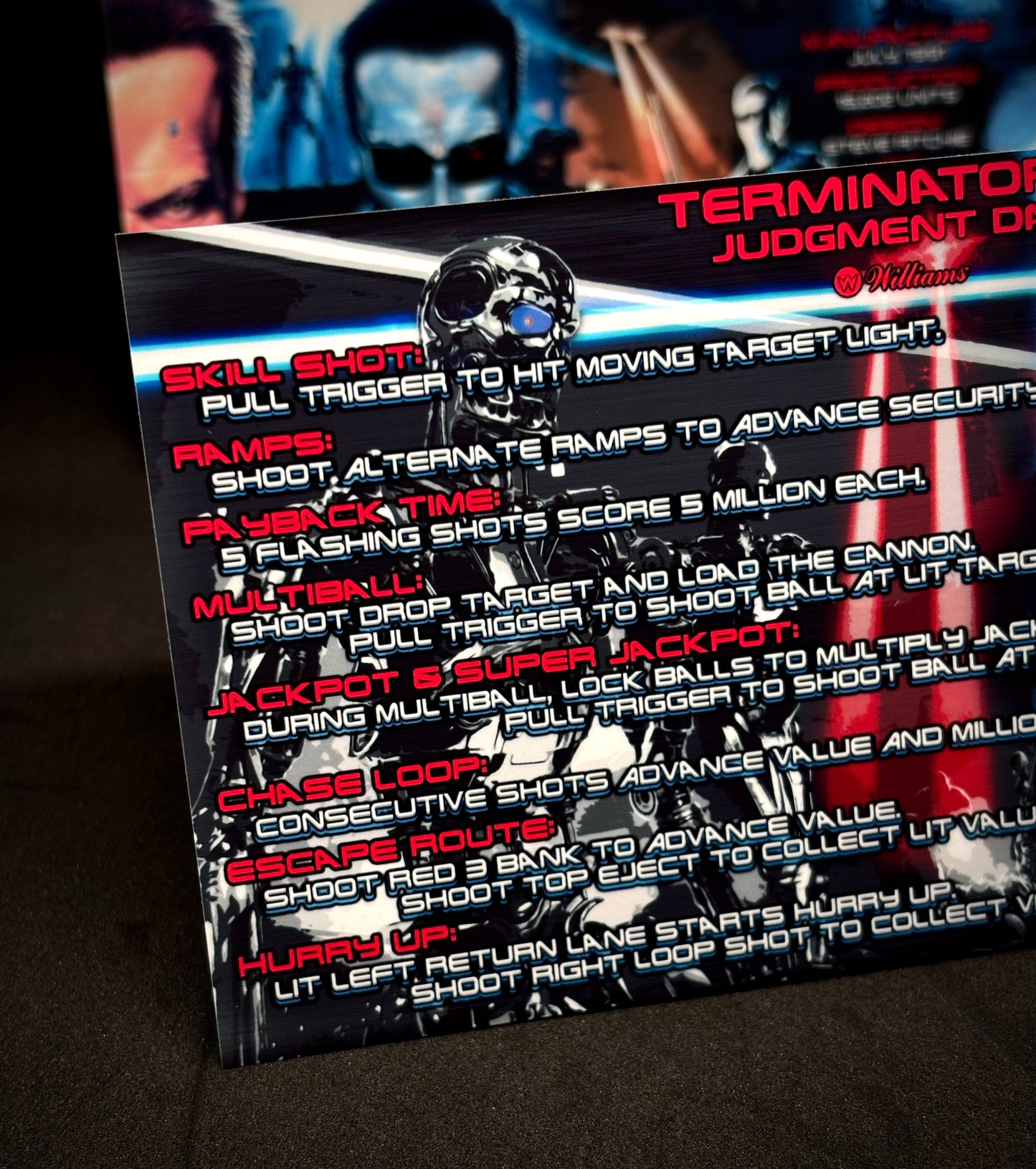 Williams T2 Terminator 2 1991 Jeu Cartes Instructions Flipper Custom Apron règles imprimées V1