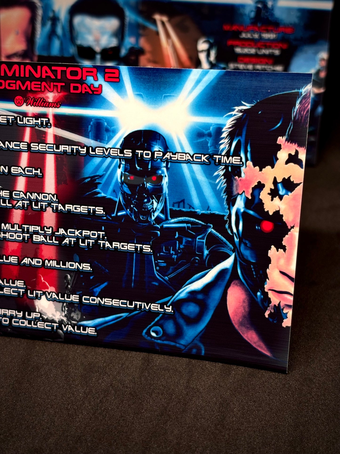 Williams T2 Terminator 2 1991 Jeu Cartes Instructions Flipper Custom Apron règles imprimées V1