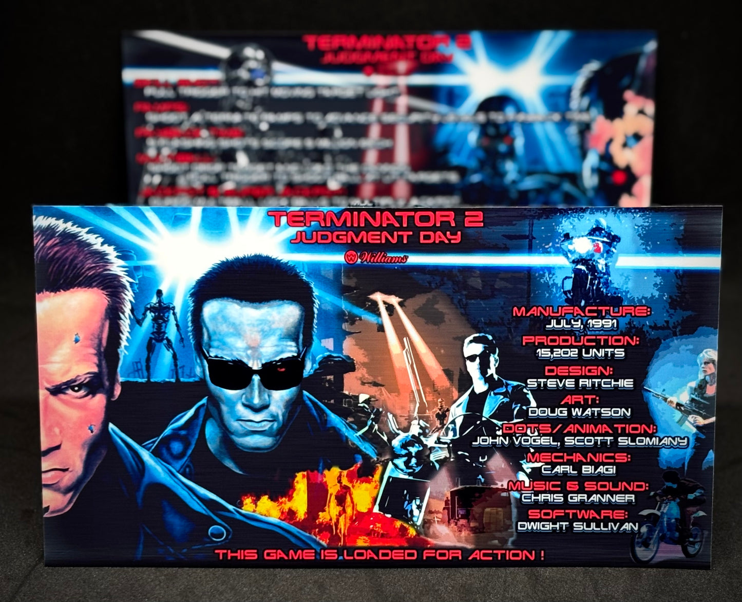 Williams T2 Terminator 2 1991 Jeu Cartes Instructions Flipper Custom Apron règles imprimées V1