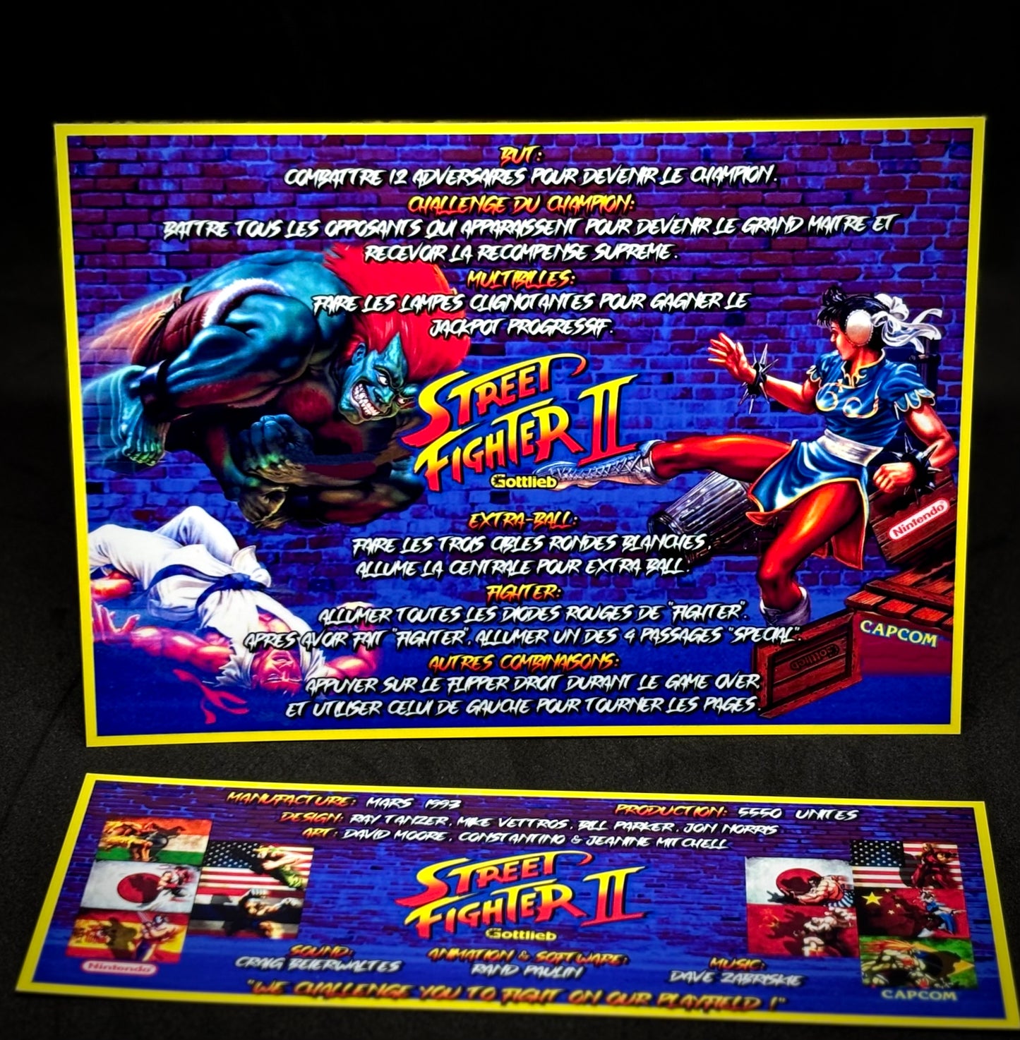 Instrucciones de las tarjetas de juego Gottlieb Street Fighter 1993 Pinball - Tarjetas de pinball personalizadas con impresión personalizada