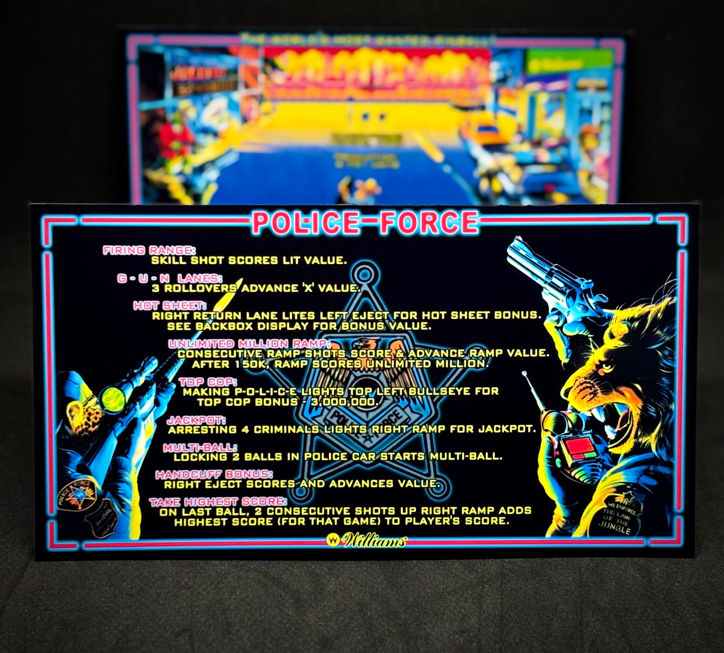 Williams Police Force 1989 Game Cards Instructions Pinball Custom Apron Printed Rules